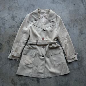 Vintage 70s Cream Mod Trench Jacket Belted Contrast Stitch